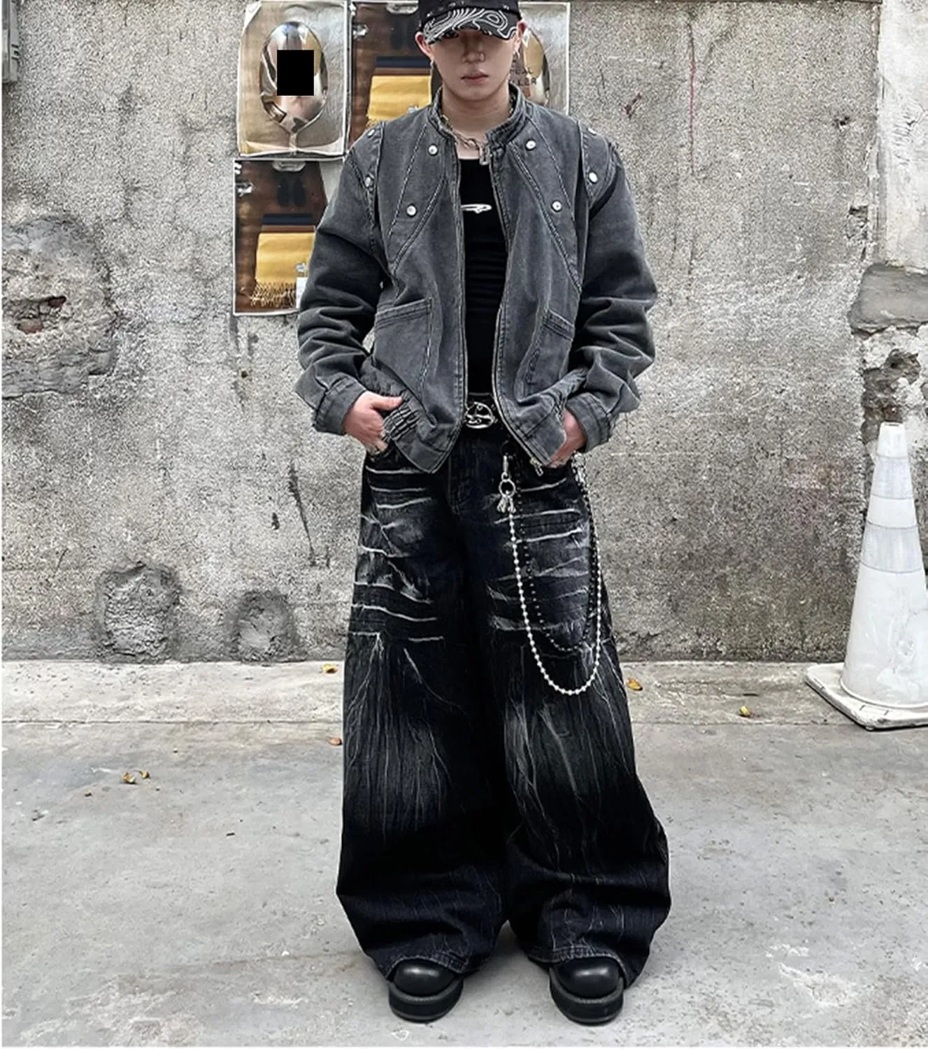 jupkem Men's Loose Work Pants Y2k Jeans Gothic Wide Leg Fashionable Jeans Hip hop Garbage Pants Harajuku Streetwear
