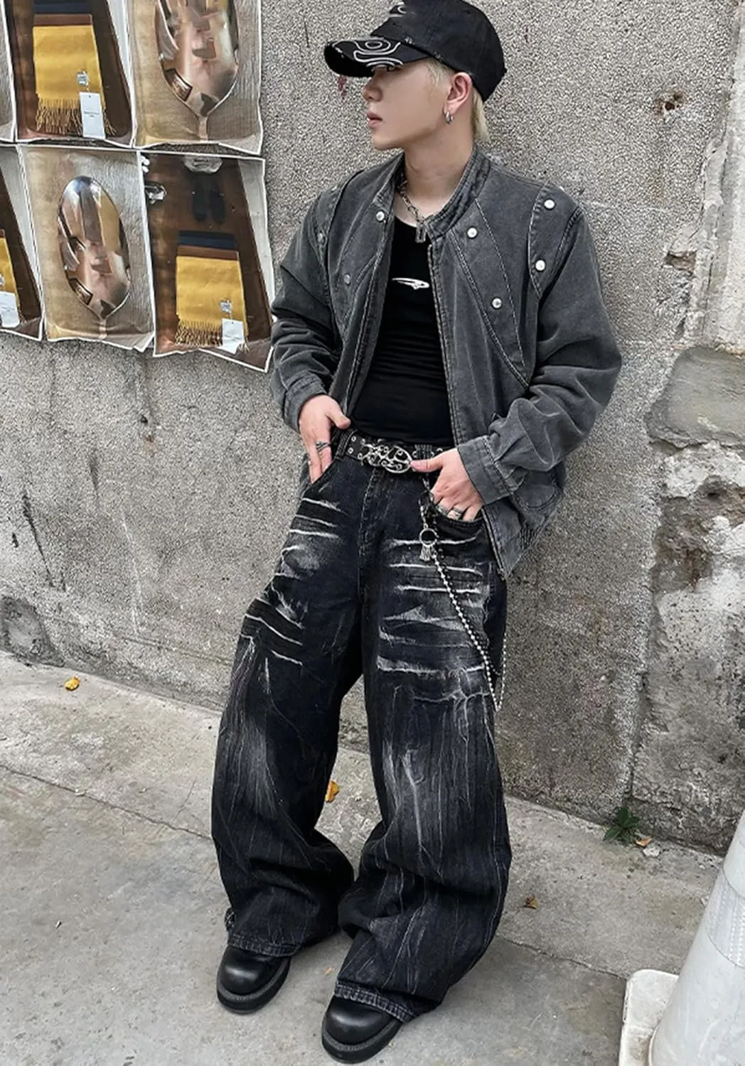 jupkem Men's Loose Work Pants Y2k Jeans Gothic Wide Leg Fashionable Jeans Hip hop Garbage Pants Harajuku Streetwear