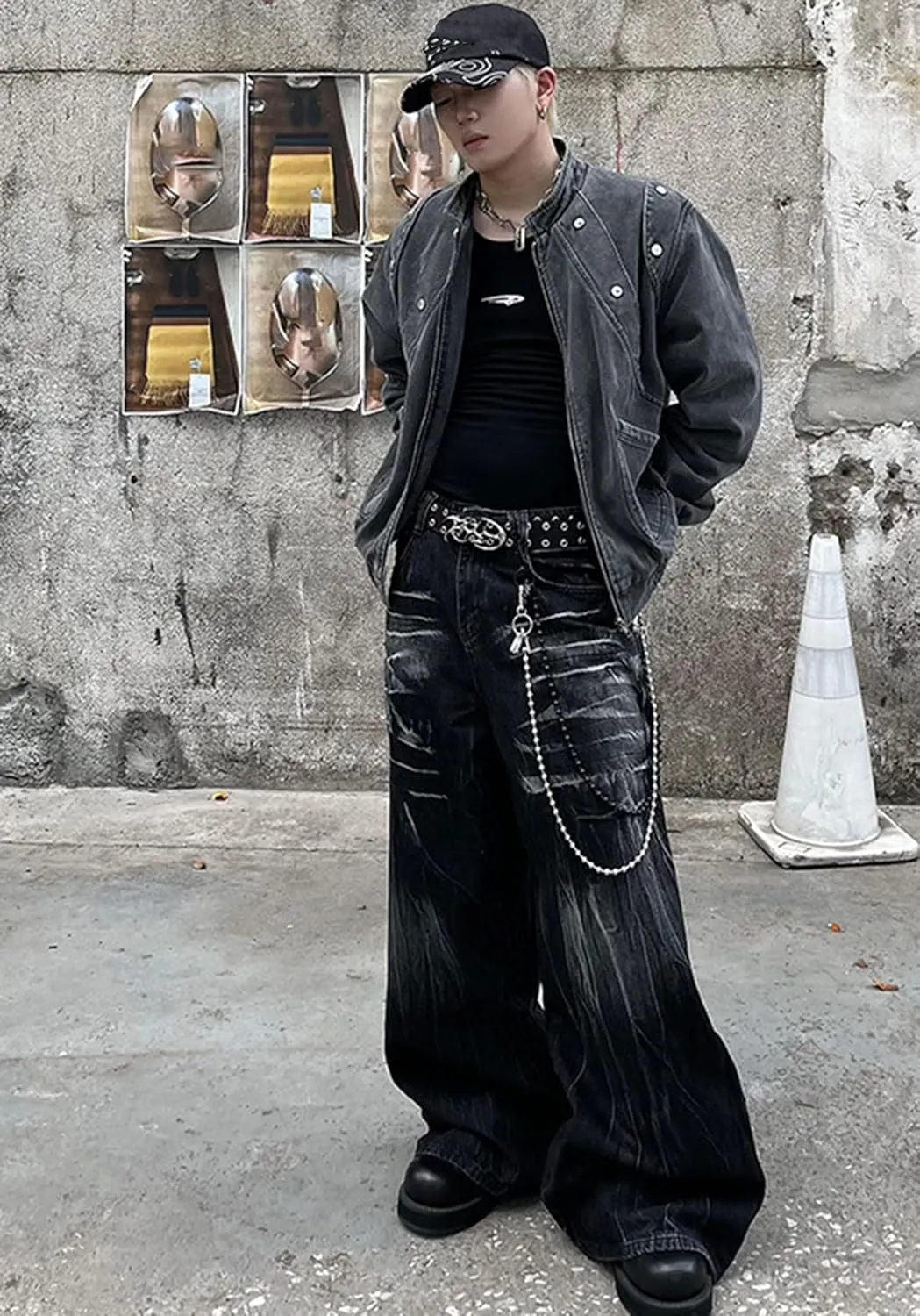jupkem Men's Loose Work Pants Y2k Jeans Gothic Wide Leg Fashionable Jeans Hip hop Garbage Pants Harajuku Streetwear