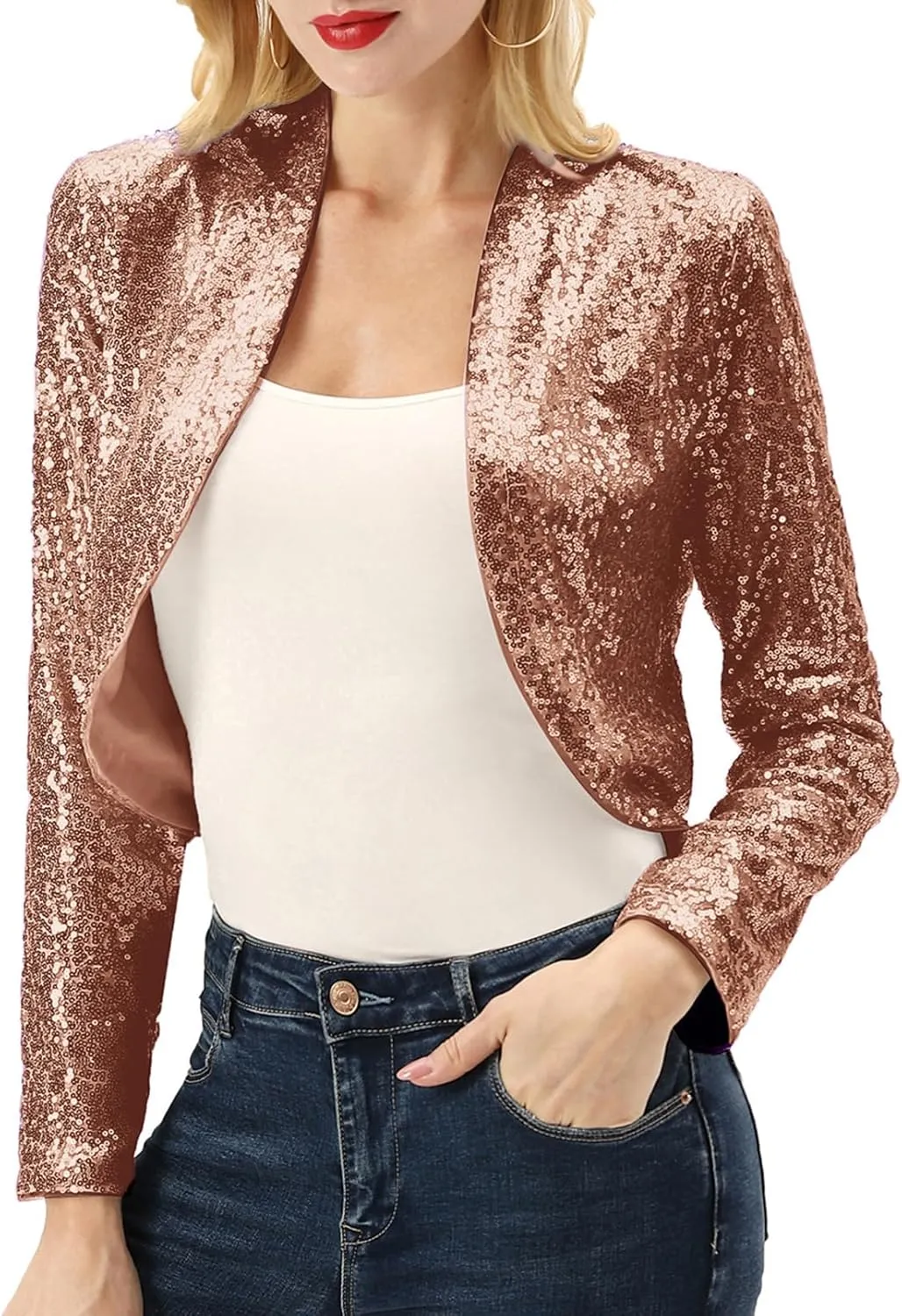 KANCY KOLE Women's Sequin Shrug Long Sleeve Open Front Cropped Bolero Jackets S-XXL