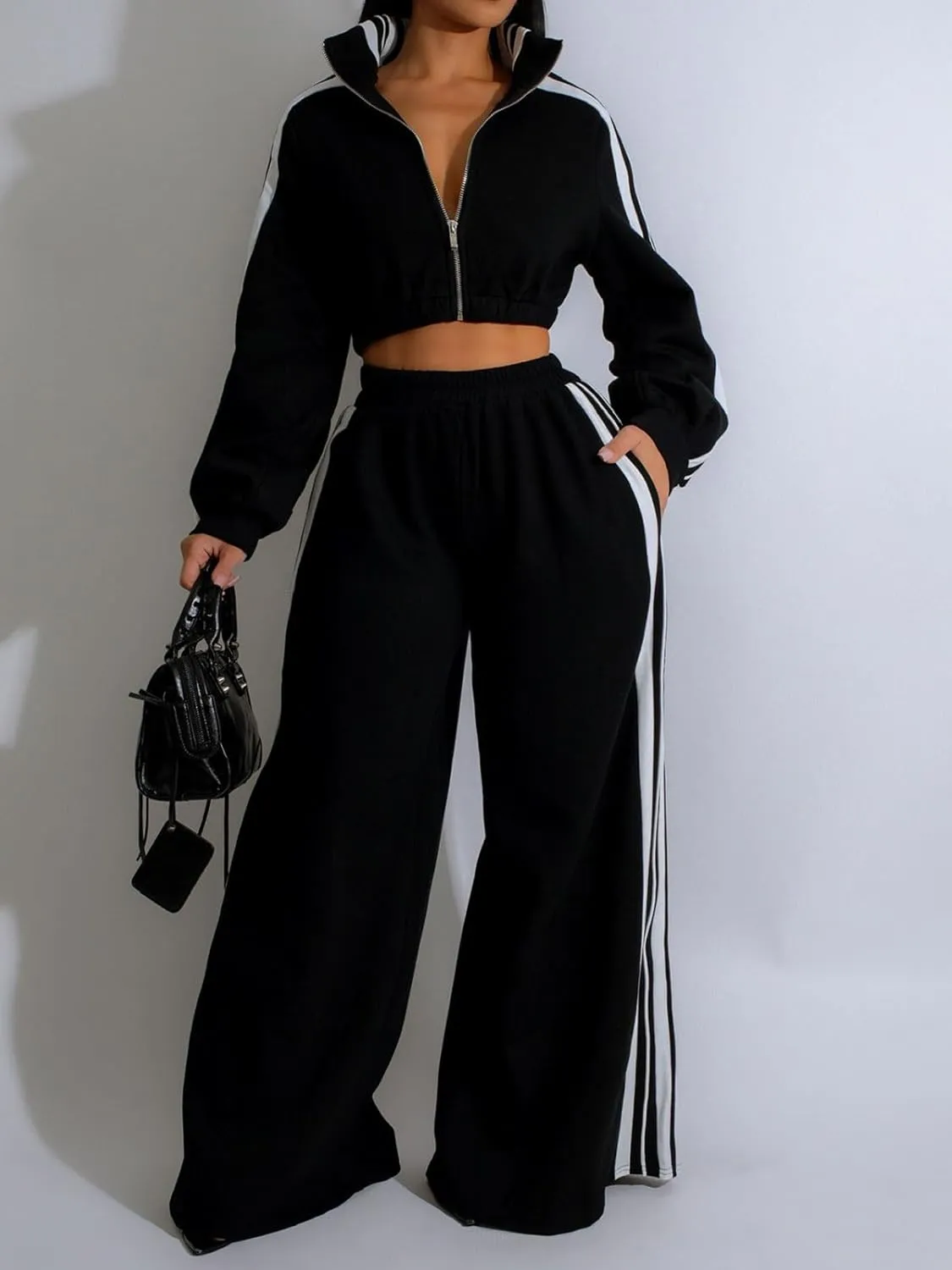 KANSOON Sweatsuits Women 2 Piece Outfit Zip Up Crop Sweatshirt Wide Leg Sweatpants Matching Sweat Set Tracksuit