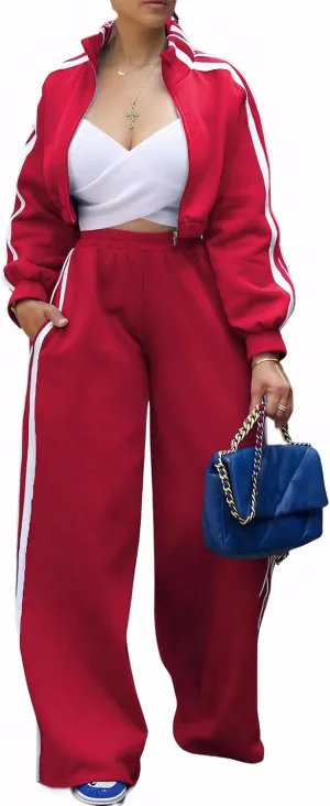 KANSOON Sweatsuits Women 2 Piece Outfit Zip Up Crop Sweatshirt Wide Leg Sweatpants Matching Sweat Set Tracksuit
