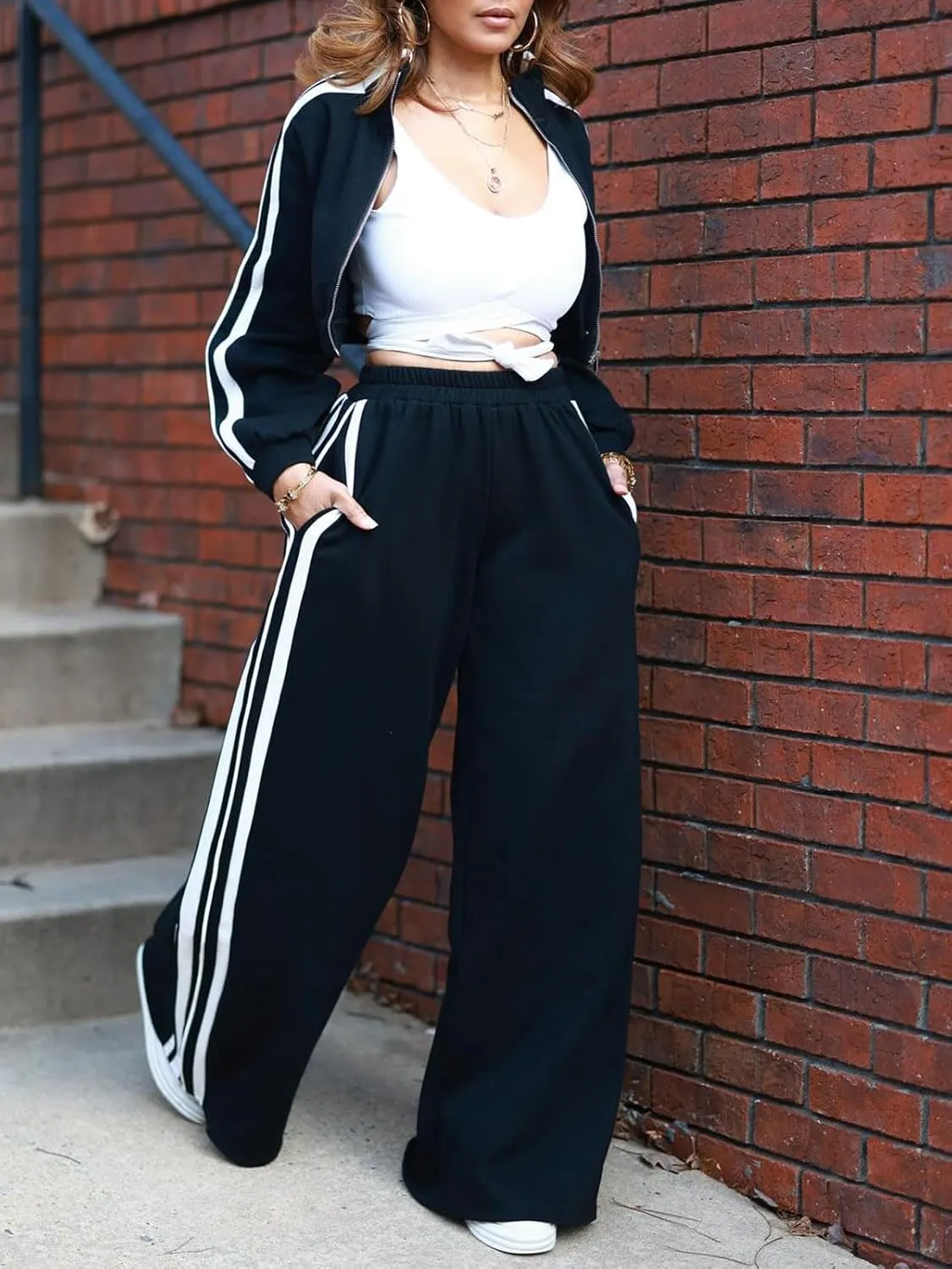 KANSOON Sweatsuits Women 2 Piece Outfit Zip Up Crop Sweatshirt Wide Leg Sweatpants Matching Sweat Set Tracksuit
