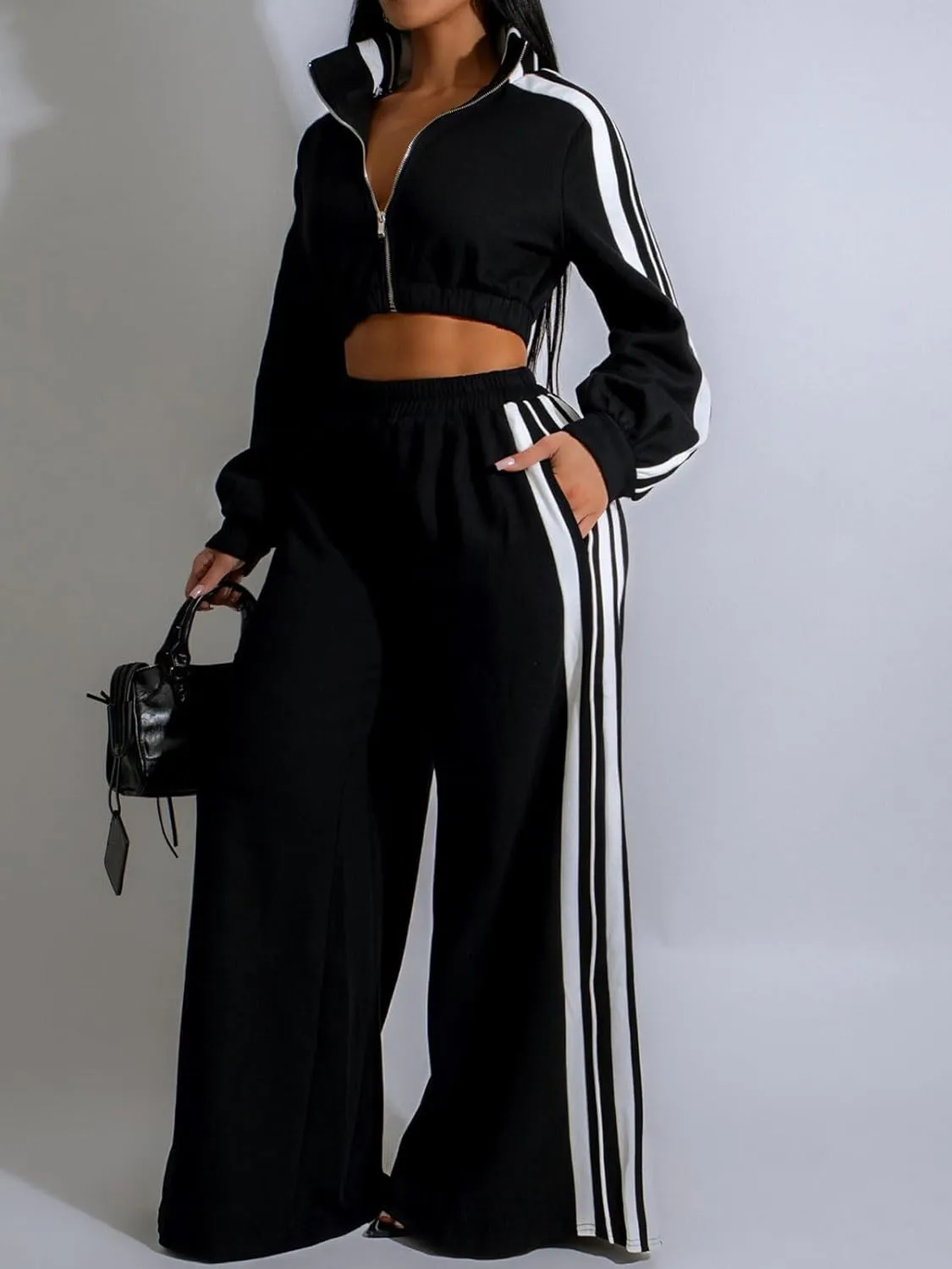 KANSOON Sweatsuits Women 2 Piece Outfit Zip Up Crop Sweatshirt Wide Leg Sweatpants Matching Sweat Set Tracksuit