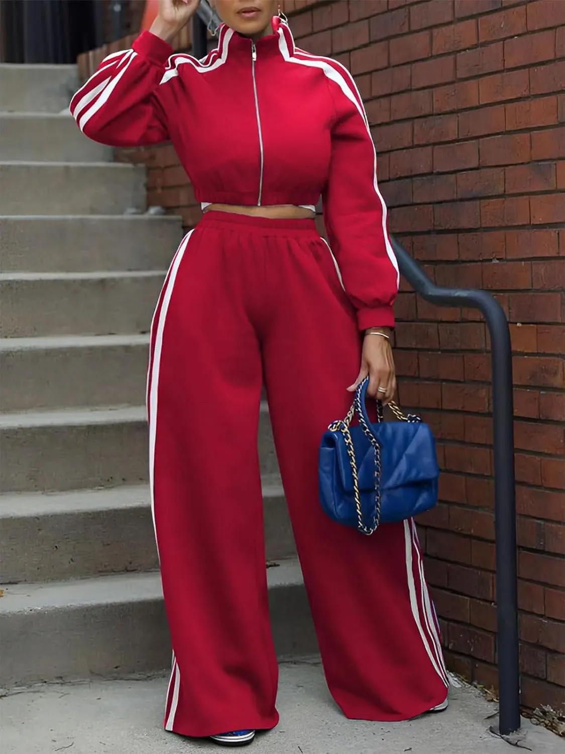 KANSOON Sweatsuits Women 2 Piece Outfit Zip Up Crop Sweatshirt Wide Leg Sweatpants Matching Sweat Set Tracksuit