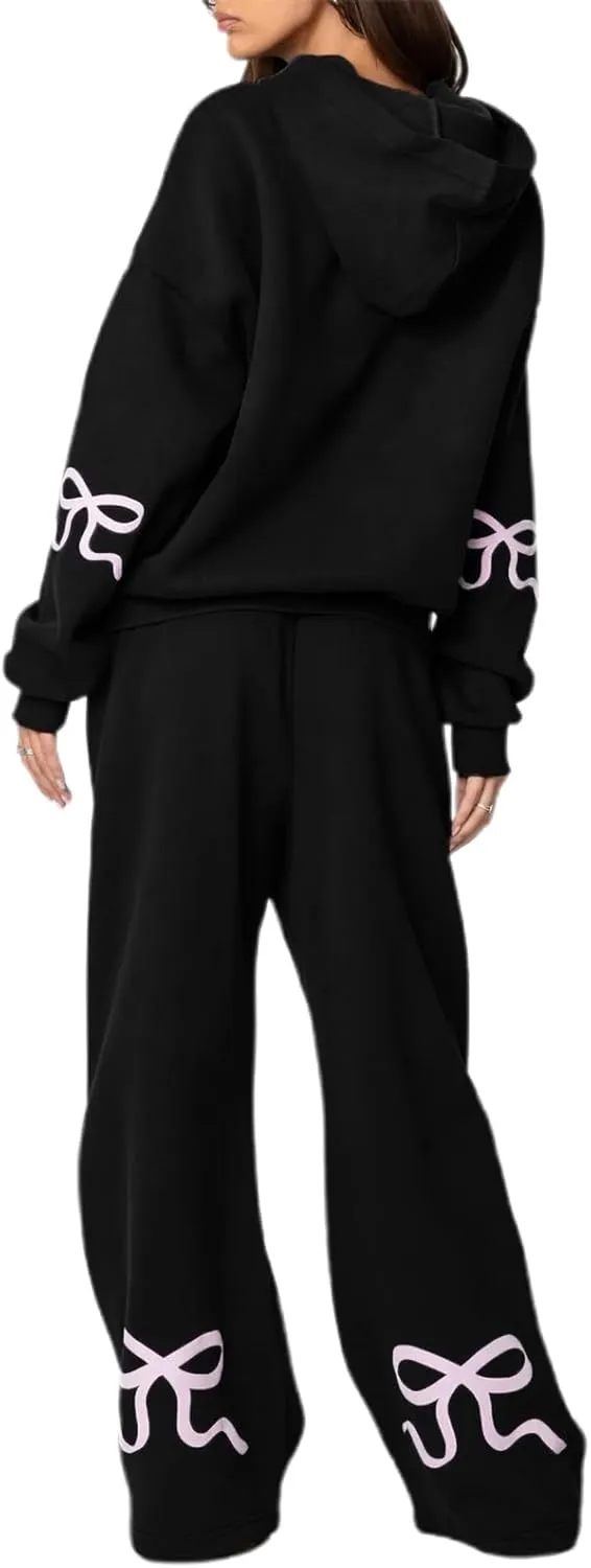 Karwuiio Women Bow Print 2 Piece Outfits Long Sleeve Oversized Sweatshirt Hoodie Wide Leg Sweatpants Set Sweatsuits