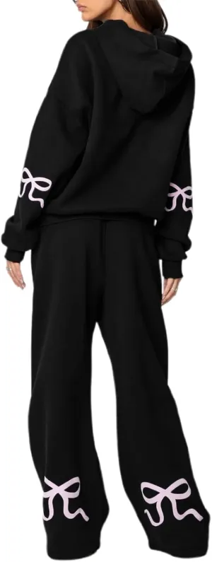 Karwuiio Women Bow Print 2 Piece Outfits Long Sleeve Oversized Sweatshirt Hoodie Wide Leg Sweatpants Set Sweatsuits