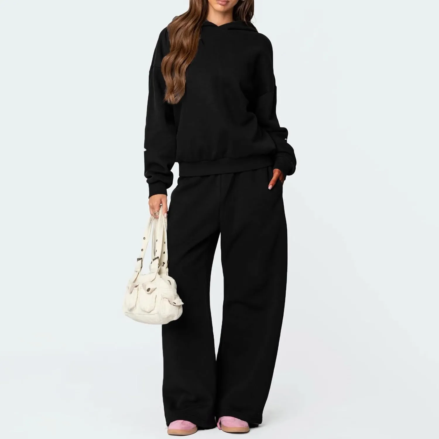 Karwuiio Women Bow Print 2 Piece Outfits Long Sleeve Oversized Sweatshirt Hoodie Wide Leg Sweatpants Set Sweatsuits