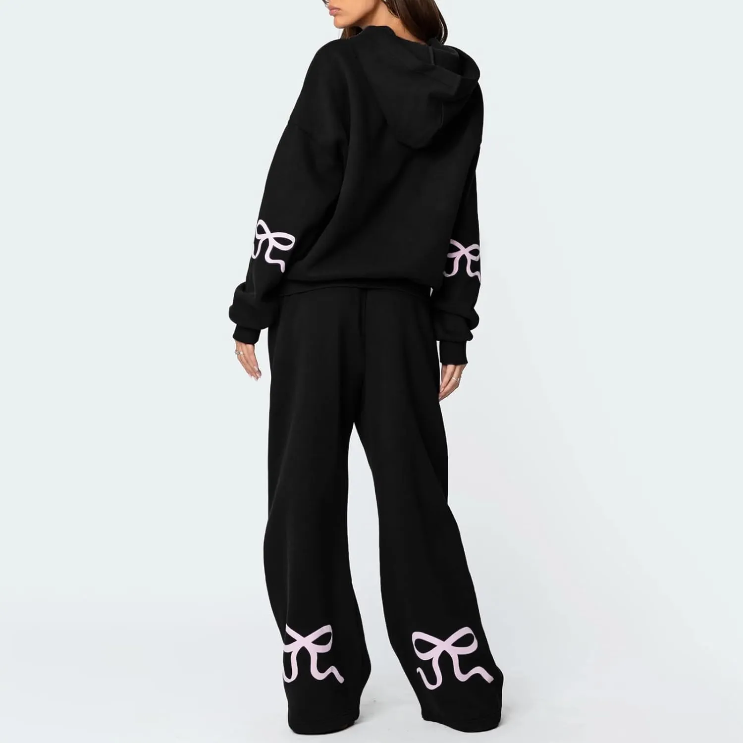 Karwuiio Women Bow Print 2 Piece Outfits Long Sleeve Oversized Sweatshirt Hoodie Wide Leg Sweatpants Set Sweatsuits
