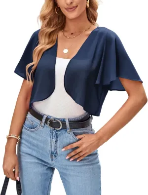 Kate Kasin Women Shrug Sheer Ruffle Short Sleeve Cropped Chiffon Bolero for Dress