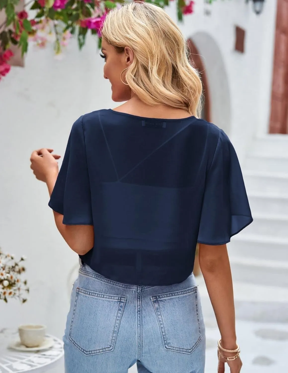 Kate Kasin Women Shrug Sheer Ruffle Short Sleeve Cropped Chiffon Bolero for Dress