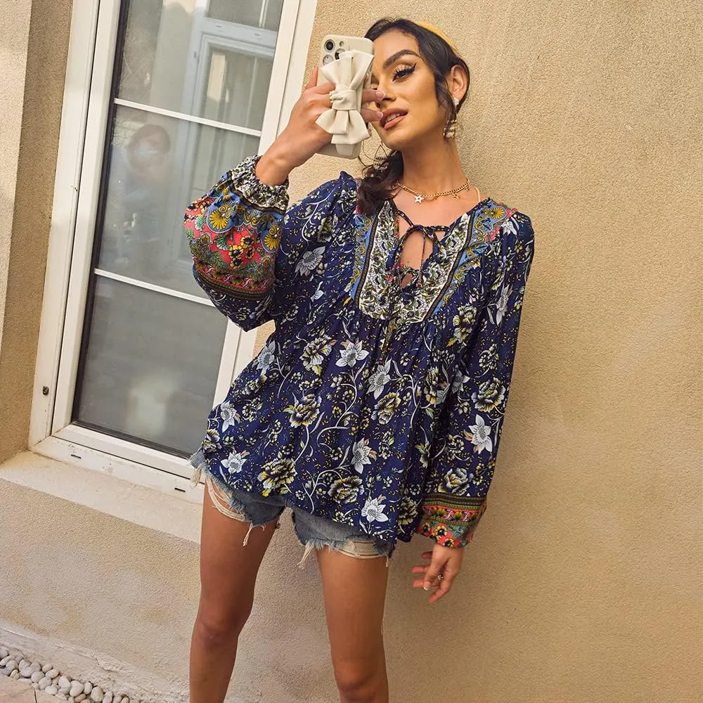 KAYWIDE Women's Casual Boho V Neck Top Loose Floral Printed Long Sleeve Beach Shirts Blouses