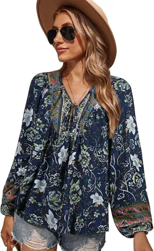 KAYWIDE Women's Casual Boho V Neck Top Loose Floral Printed Long Sleeve Beach Shirts Blouses