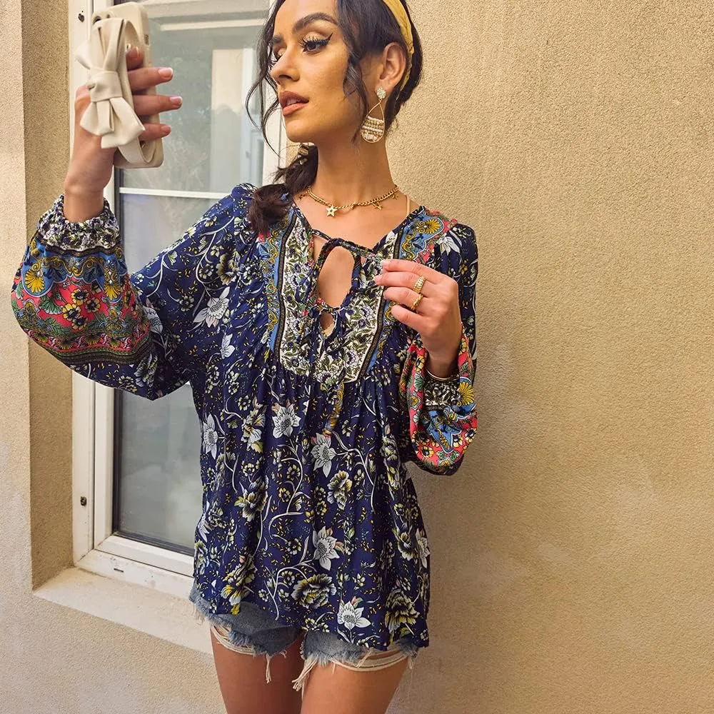 KAYWIDE Women's Casual Boho V Neck Top Loose Floral Printed Long Sleeve Beach Shirts Blouses