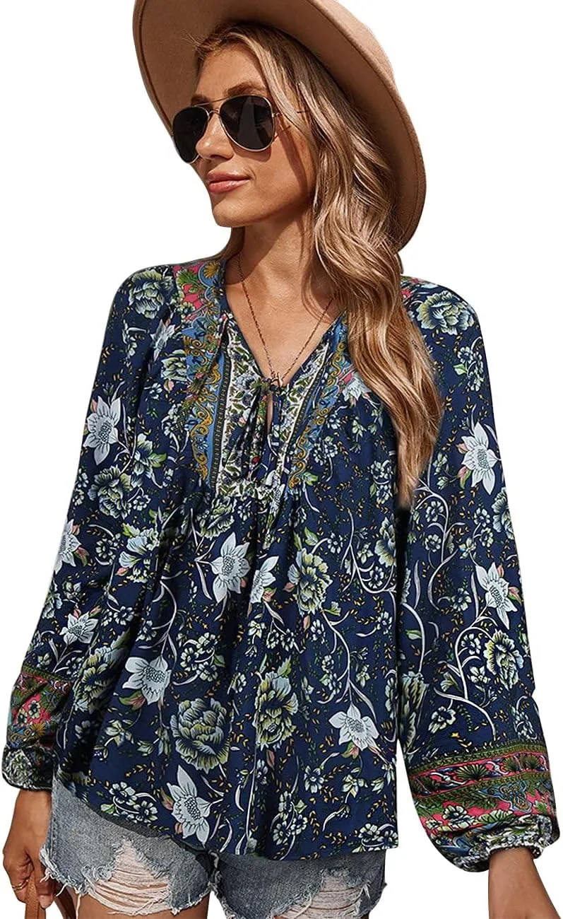 KAYWIDE Women's Casual Boho V Neck Top Loose Floral Printed Long Sleeve Beach Shirts Blouses