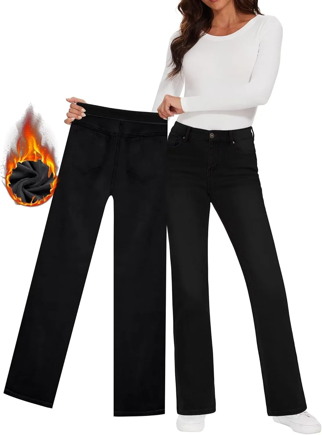 KDF Fleece Lined Jeans Women High Waisted Wide Leg Baggy Jeans for Women Winter Lined Jean Pants