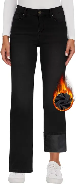 KDF Fleece Lined Jeans Women High Waisted Wide Leg Baggy Jeans for Women Winter Lined Jean Pants