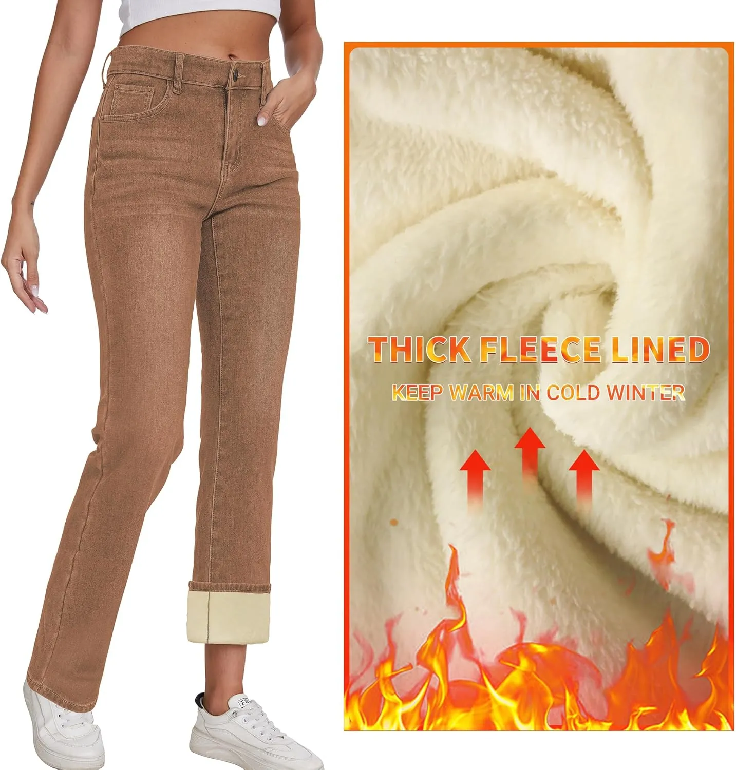 KDF Women's Fleece Lined Jeans Women High Waisted Straight Leg Jeans Winter Fleece Lined Jean Pants
