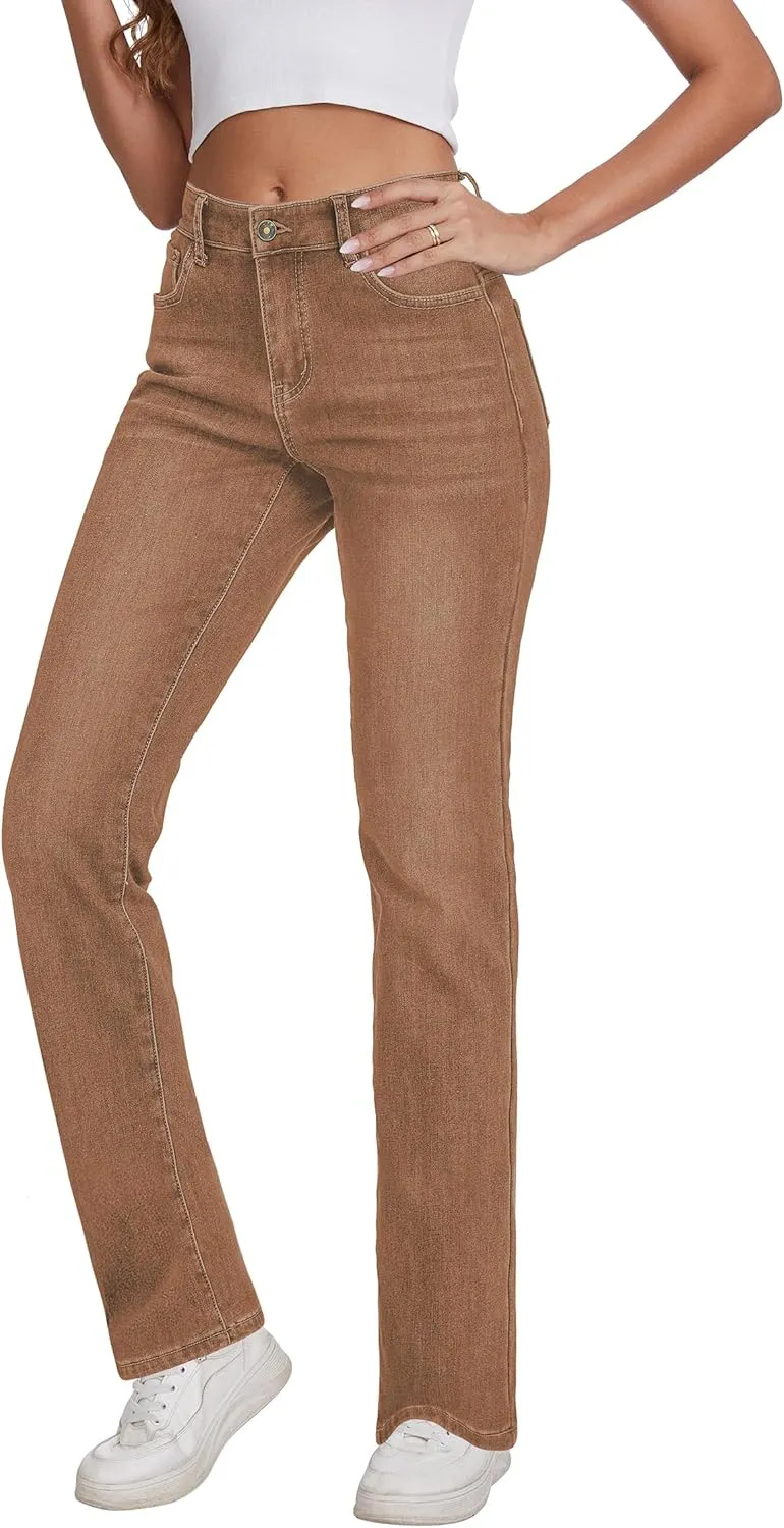 KDF Women's Fleece Lined Jeans Women High Waisted Straight Leg Jeans Winter Fleece Lined Jean Pants