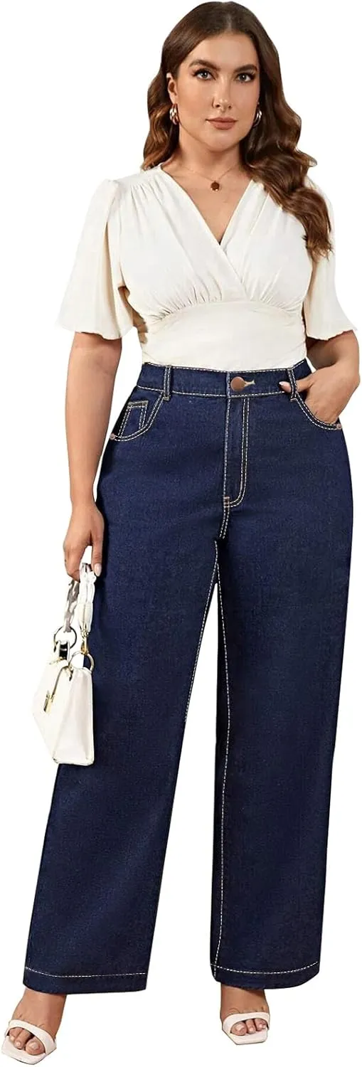 KISSPLUS Plus Size Baggy Jeans for Women High Waist Loose Women Jeans Curvy Stretchy Denim Pants for Women