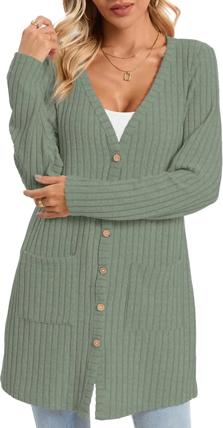 KUOTAI Womens Fall Fashion Lightweight Cardigan Long Sleeve Open Front Casual Knit Coat with Pockets