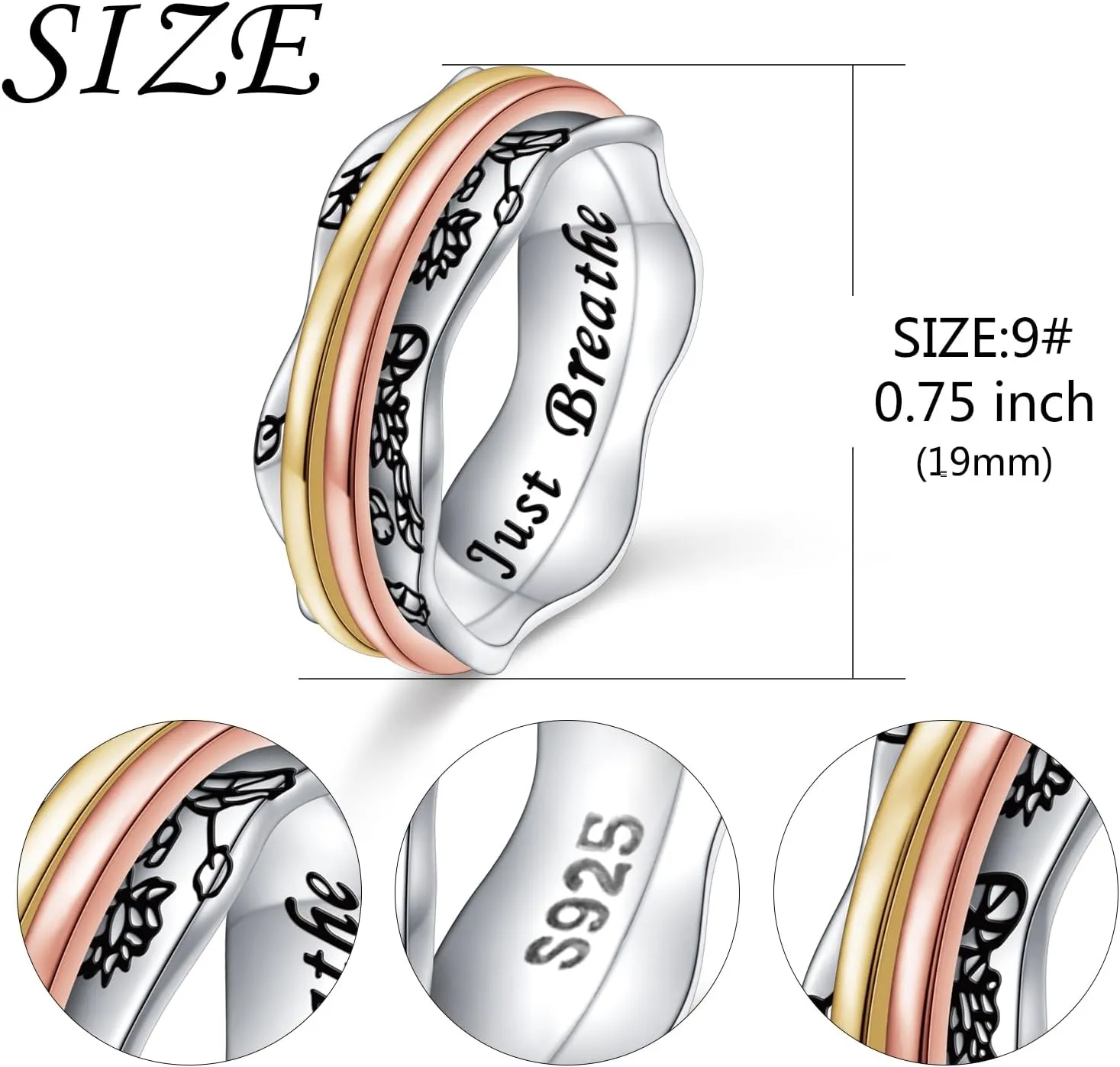 Ladytree Anxiety Relieve Rings 925 Sterling Silver Spinner Fidget Ring Worry Stress Relieving Boredom ADHD Autism Ring Platinum Plated Jewelry Birthday Gifts for Women Men