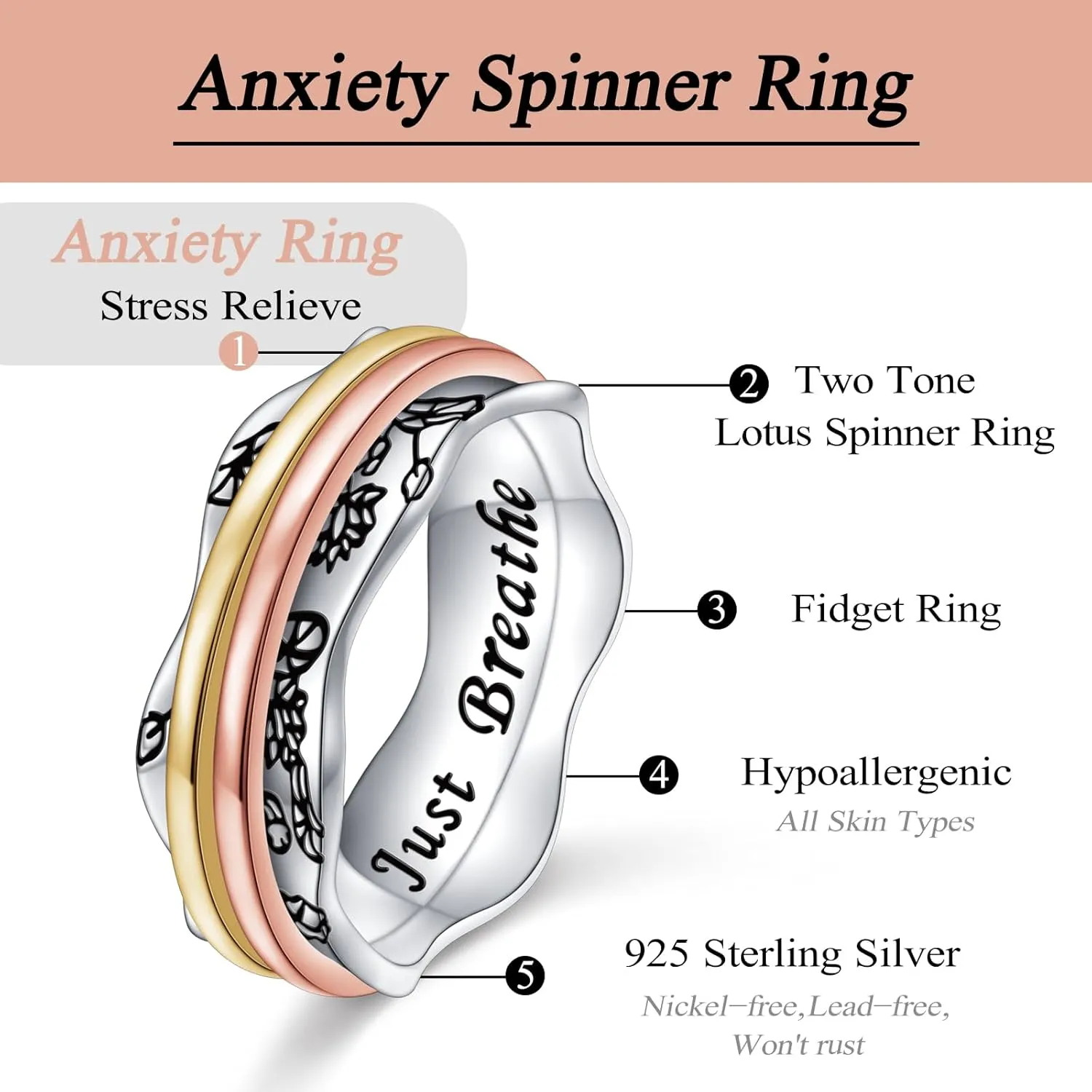 Ladytree Anxiety Relieve Rings 925 Sterling Silver Spinner Fidget Ring Worry Stress Relieving Boredom ADHD Autism Ring Platinum Plated Jewelry Birthday Gifts for Women Men