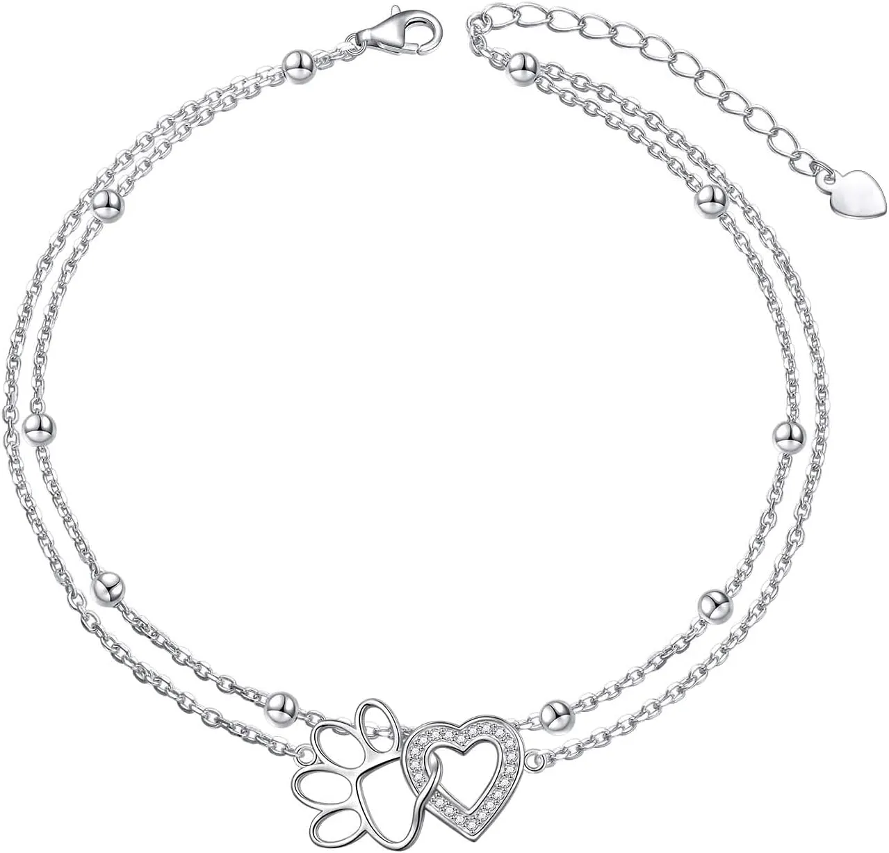 Ladytree Sterling Silver Beach Heart Chain Anklet Ankle Bracelet for Women Foot Jewelry Adjustable Cute Dog Pet Paw Print in S925