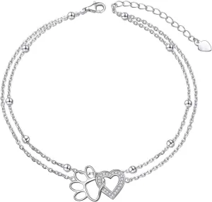 Ladytree Sterling Silver Beach Heart Chain Anklet Ankle Bracelet for Women Foot Jewelry Adjustable Cute Dog Pet Paw Print in S925