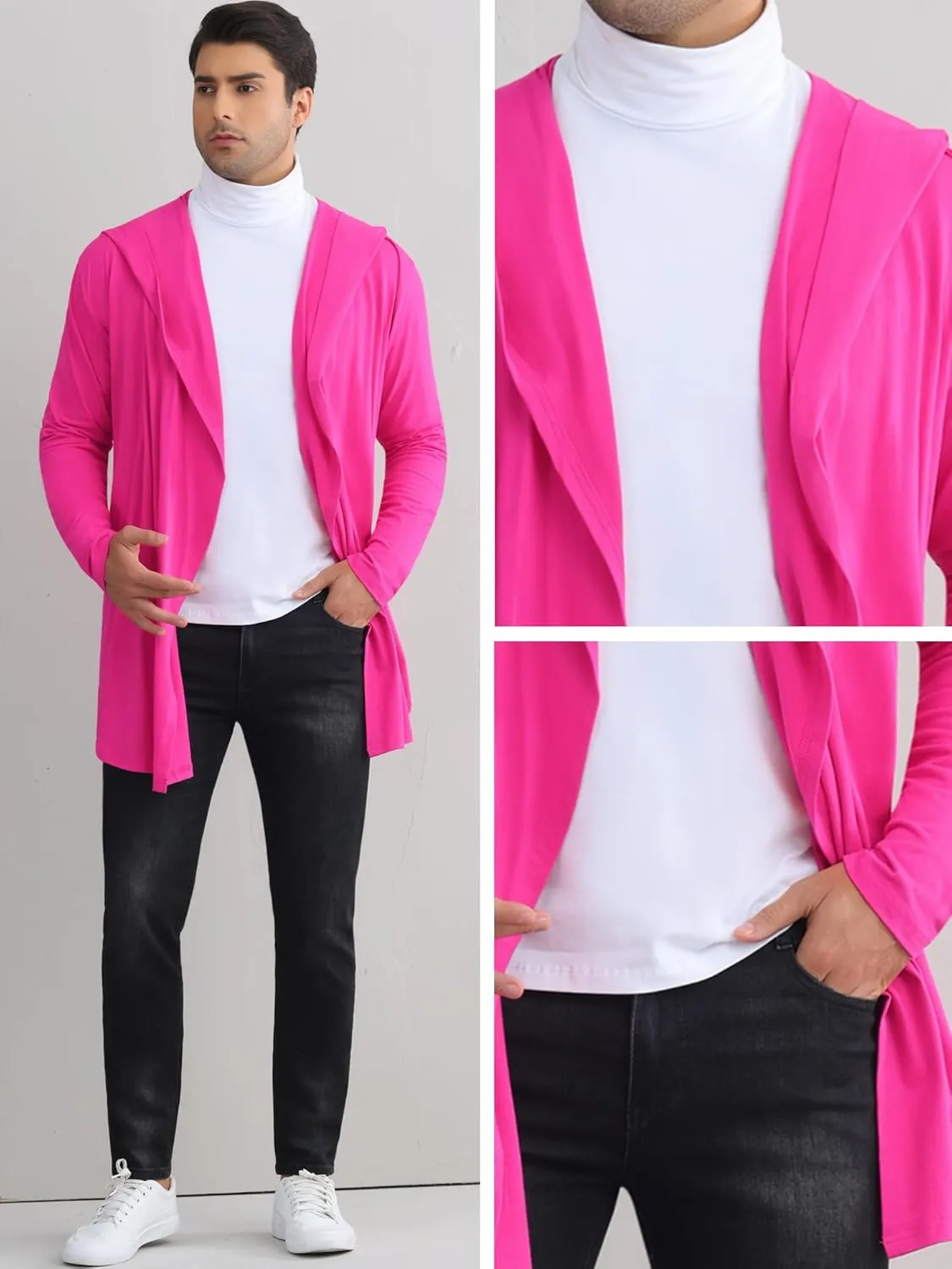 Lars Amadeus Hooded Cardigan for Men's Lightweight Shawl Collar Long Sleeves Open Front Draped Cardigans