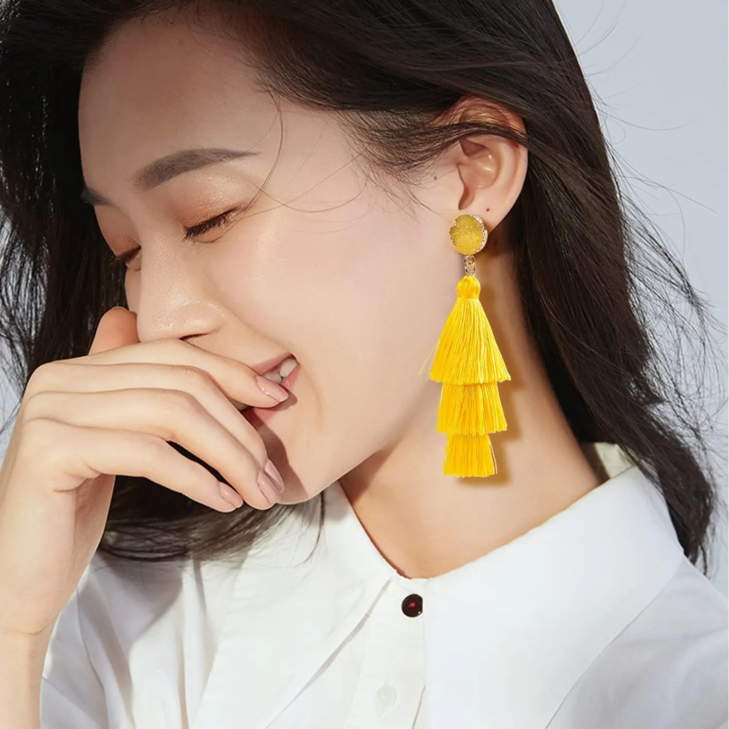 Layered Tassel Bohemian Dangle Earrings, Acrylic Rose Petal Drop Earrings Holiday Festive Costume Earrings Gift for Women