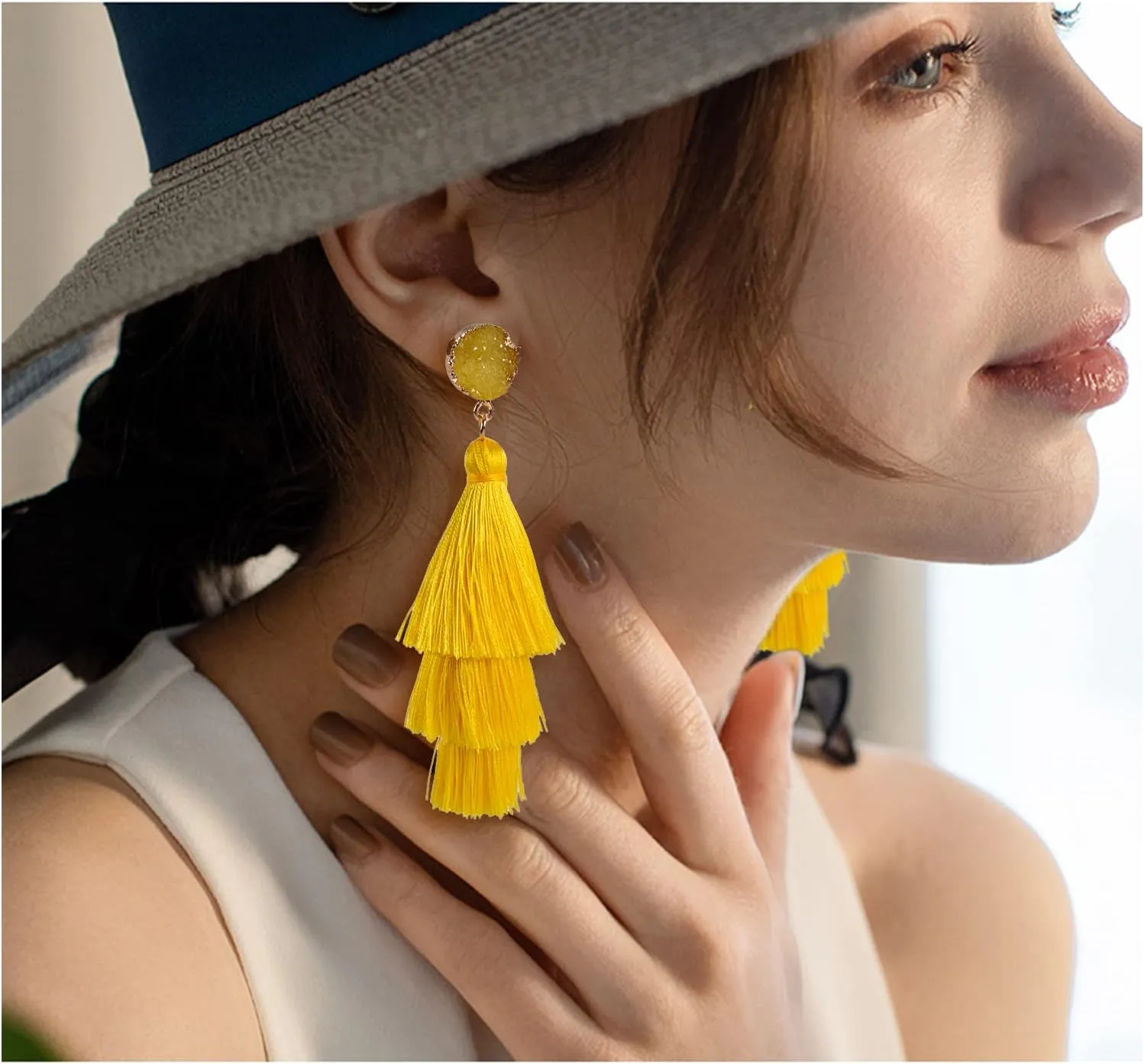 Layered Tassel Bohemian Dangle Earrings, Acrylic Rose Petal Drop Earrings Holiday Festive Costume Earrings Gift for Women