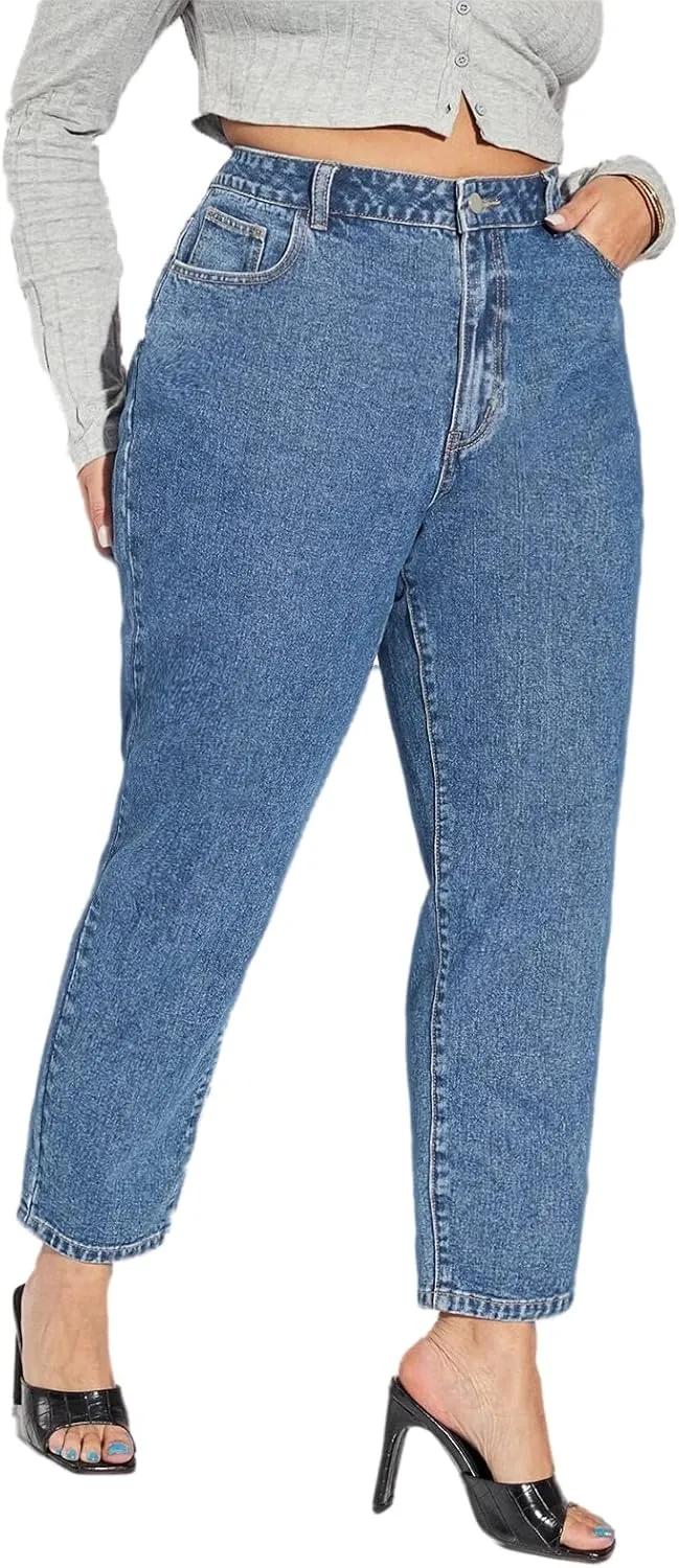 LEIJIJEANS Plus Size Women for Jeans Straight Fitting High Stretchy Jeans Highwaist Light Blue Full Length Mom Pants