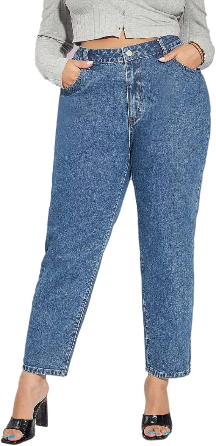LEIJIJEANS Plus Size Women for Jeans Straight Fitting High Stretchy Jeans Highwaist Light Blue Full Length Mom Pants