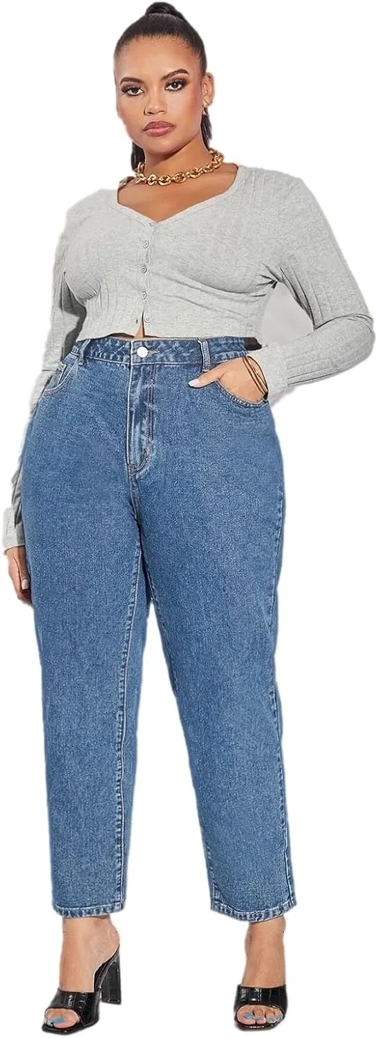LEIJIJEANS Plus Size Women for Jeans Straight Fitting High Stretchy Jeans Highwaist Light Blue Full Length Mom Pants