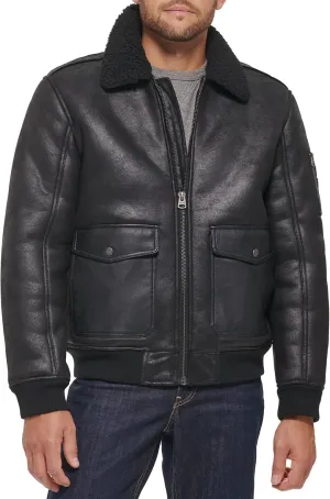 Levi's mens Faux Leather Aviator Bomber Jacket With Sherpa Lined Collar