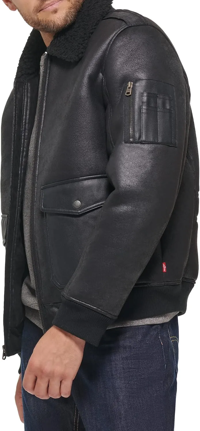Levi's mens Faux Leather Aviator Bomber Jacket With Sherpa Lined Collar
