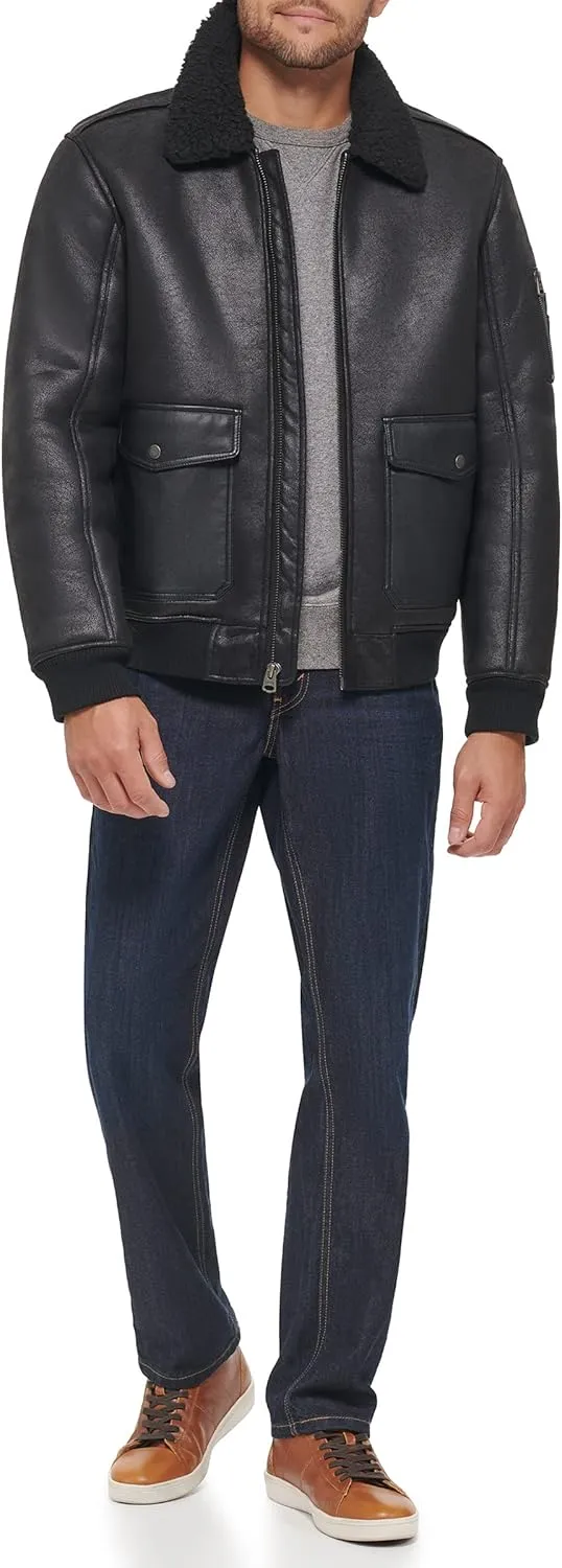 Levi's mens Faux Leather Aviator Bomber Jacket With Sherpa Lined Collar