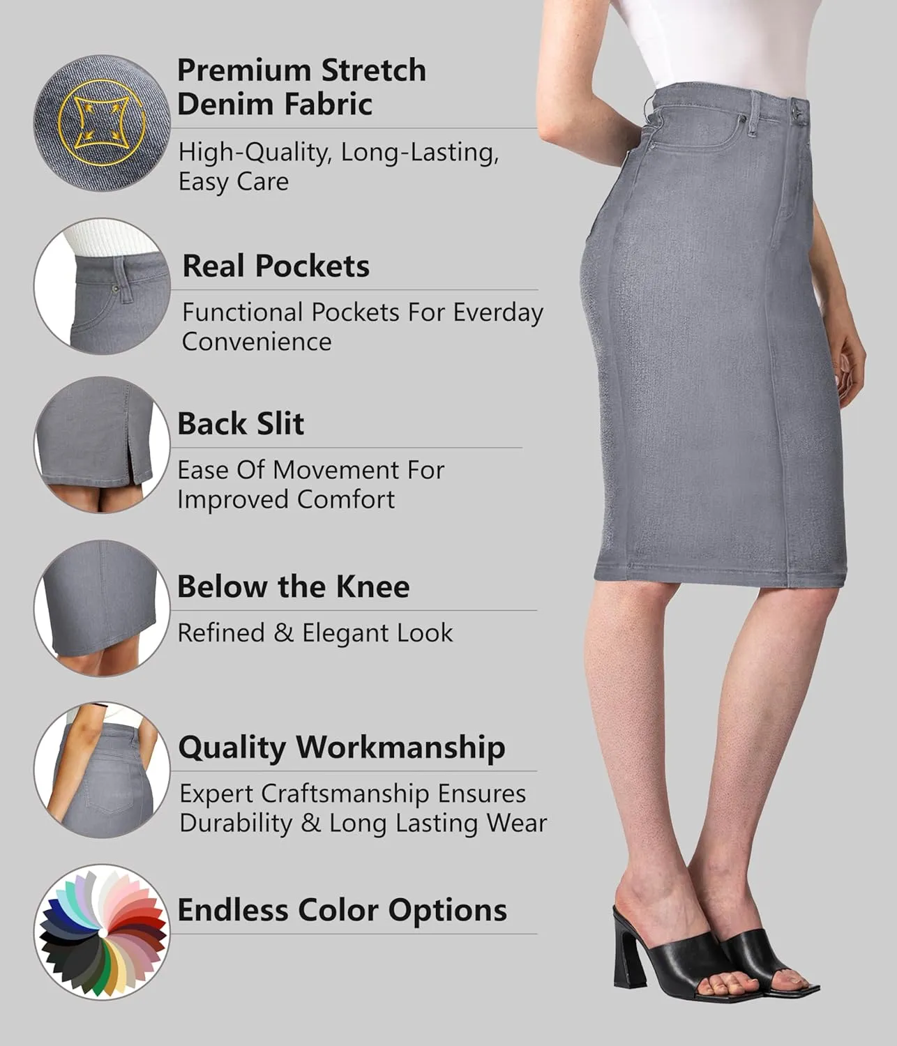 Lexi Womens Super Comfy Stretch Denim Skirt