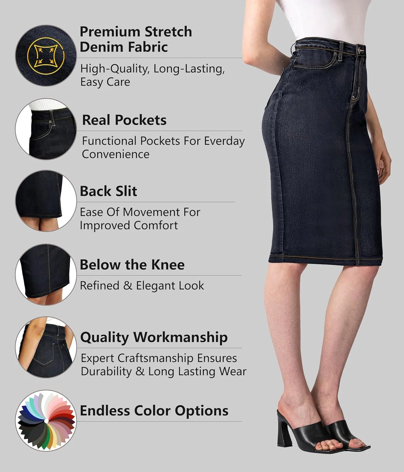 Lexi Womens Super Comfy Stretch Denim Skirt