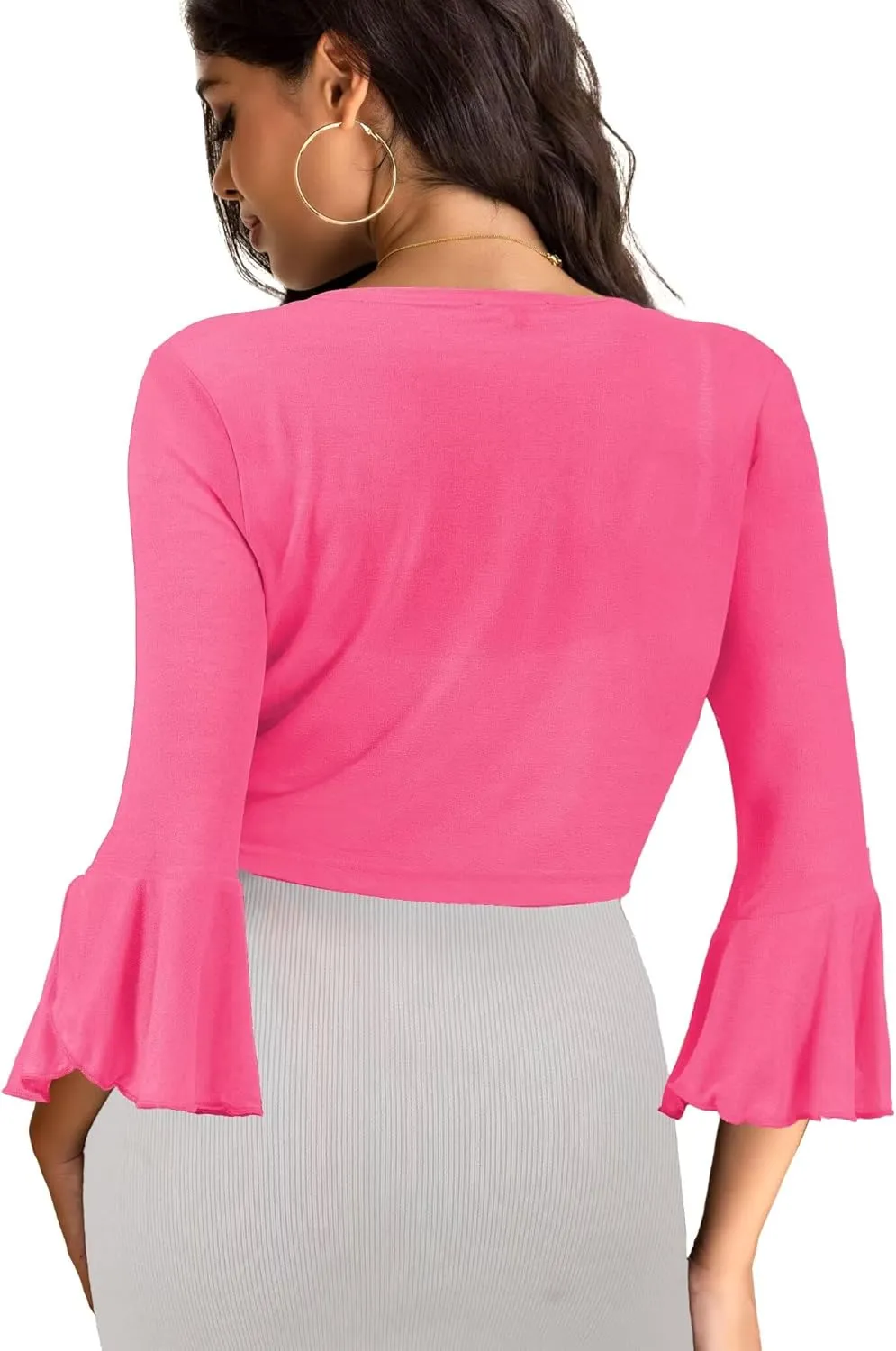 LIENRIDY Women's Tie Front Ruffle Cuffs 3/4 Sleeve Shrug Bolero Lightweight Sheer Cropped Cardigans S-XL