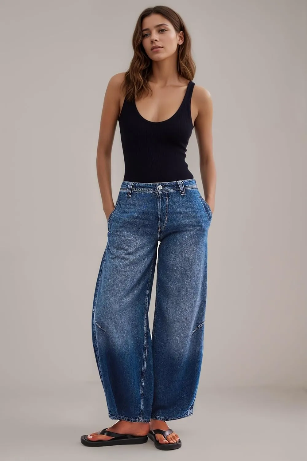LifeShe Baggy Jeans for Woman Side Pleats Mid Rise Barrel Jeans Casual Loose Wide Leg Denim Pants