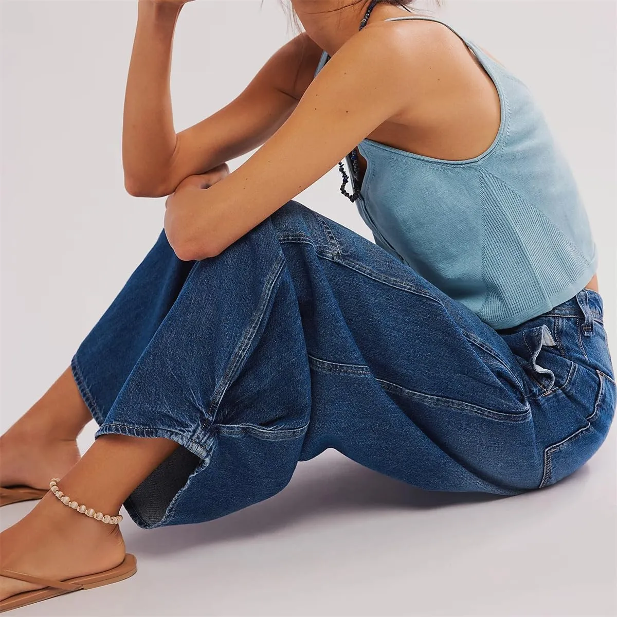 LifeShe Baggy Jeans for Woman Side Pleats Mid Rise Barrel Jeans Casual Loose Wide Leg Denim Pants