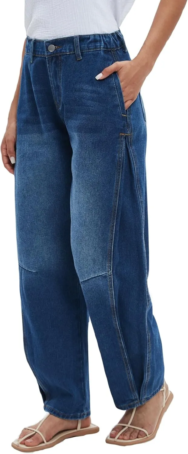 LifeShe Baggy Jeans for Woman Side Pleats Mid Rise Barrel Jeans Casual Loose Wide Leg Denim Pants