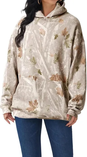 Light Camo Hoodie Womens Graphic Maple Leaf Print Sweatshirt for Women Trendy Oversized Fleece Hoodies with Pockets