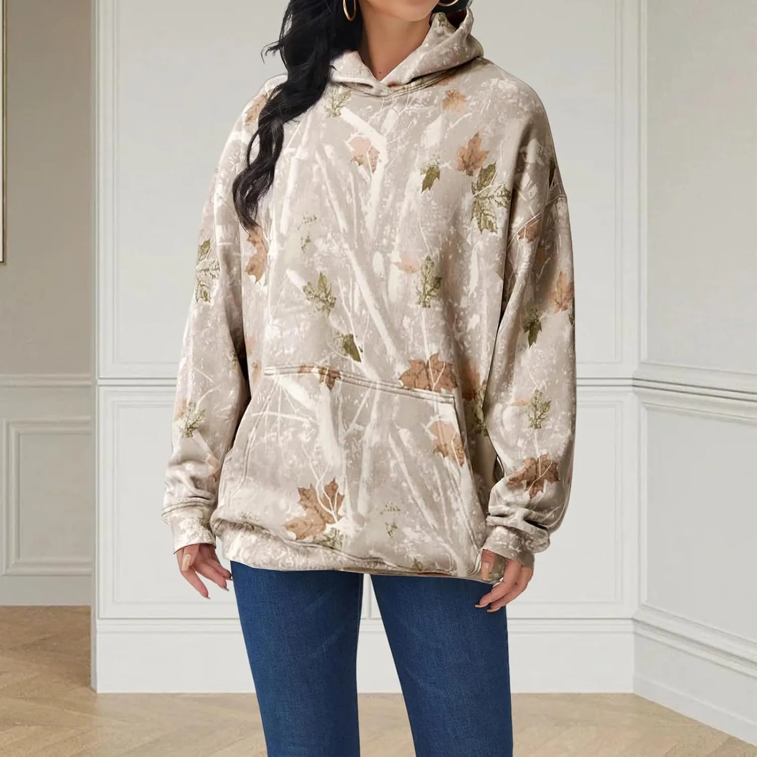 Light Camo Hoodie Womens Graphic Maple Leaf Print Sweatshirt for Women Trendy Oversized Fleece Hoodies with Pockets