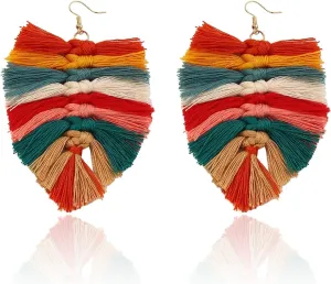 Lightweight colorful Silky Thread Fan Tassel Earrings Statement Bohemian Fringe Geometric Dangle Drop Earrings for Women Girls Daily Wear Wedding Bridal Christmas Gifts