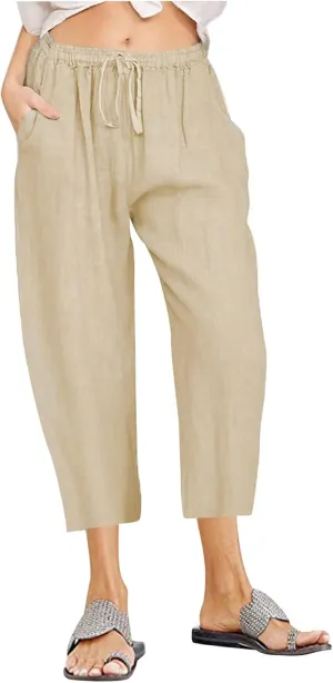 Linen Pants Women Summer Casual 2025 Capri Pants Drawstring Elastic High Waist Cropped Trousers with Pockets