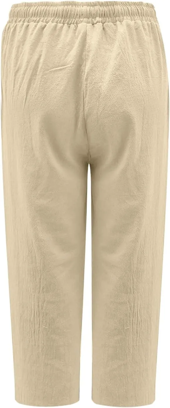 Linen Pants Women Summer Casual 2025 Capri Pants Drawstring Elastic High Waist Cropped Trousers with Pockets