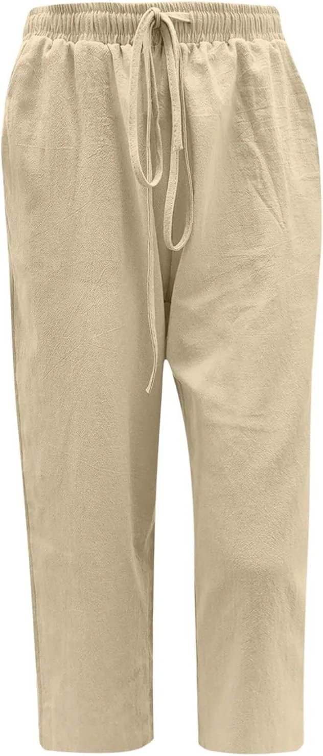 Linen Pants Women Summer Casual 2025 Capri Pants Drawstring Elastic High Waist Cropped Trousers with Pockets